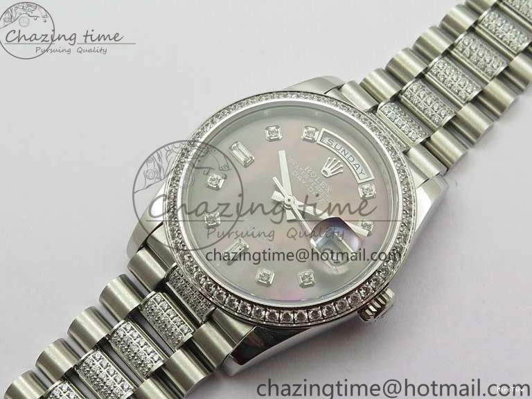 MiroTime 0309 SmoothTexture Day-Date 36mm 128239 SS Crystal BP Best Edition Black MOP Crystal Marker Dial on SS President Bracelet A 2681